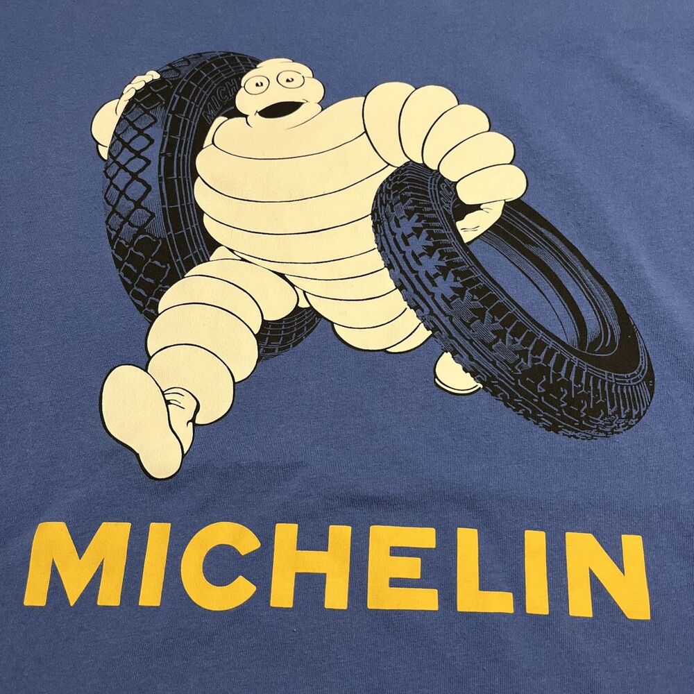 UNIQLO x L Michelin Man Bibendum Carrying Two Tires Blue T-Shirt Mens Large L